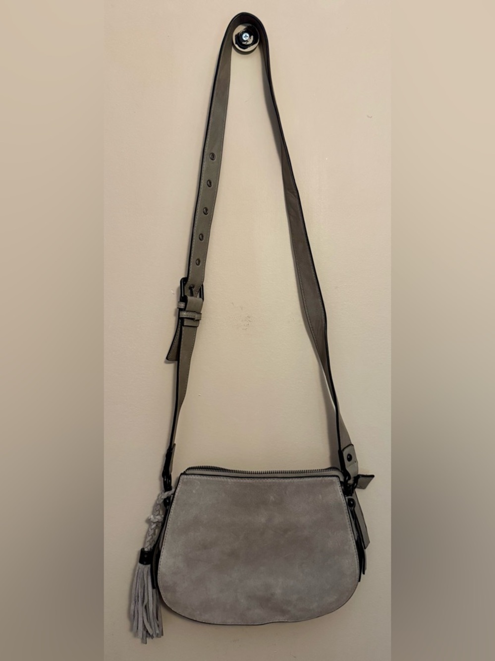 Gray Suede Crossbody Bag with Adjustable Strap